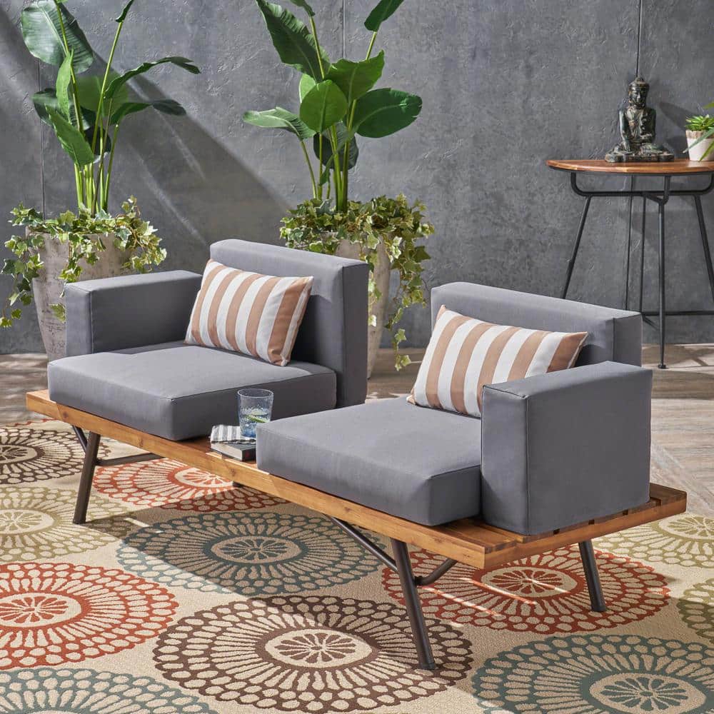 Noble House Canoga Teak Finish Wood Outdoor Sofa with Dark Gray Cushions