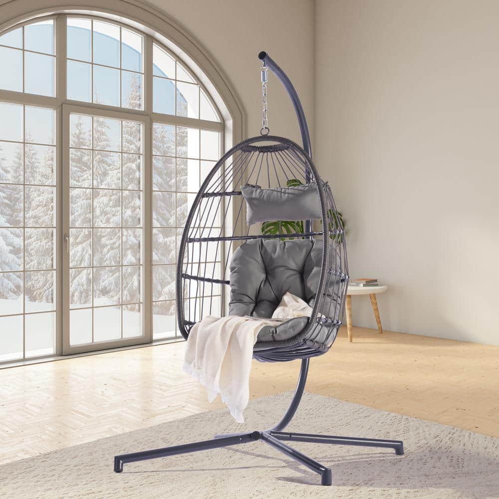 BFB Patio Wicker Porch Swing Chair Folding Hanging Outdoor Chair with Pillow and Stand