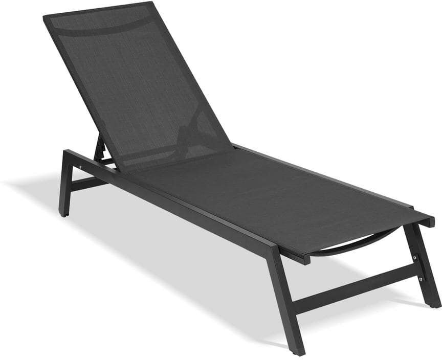 5-Position Adjustable Metal Outdoor Chaise Lounge(Grey Frame/Black Fabric)