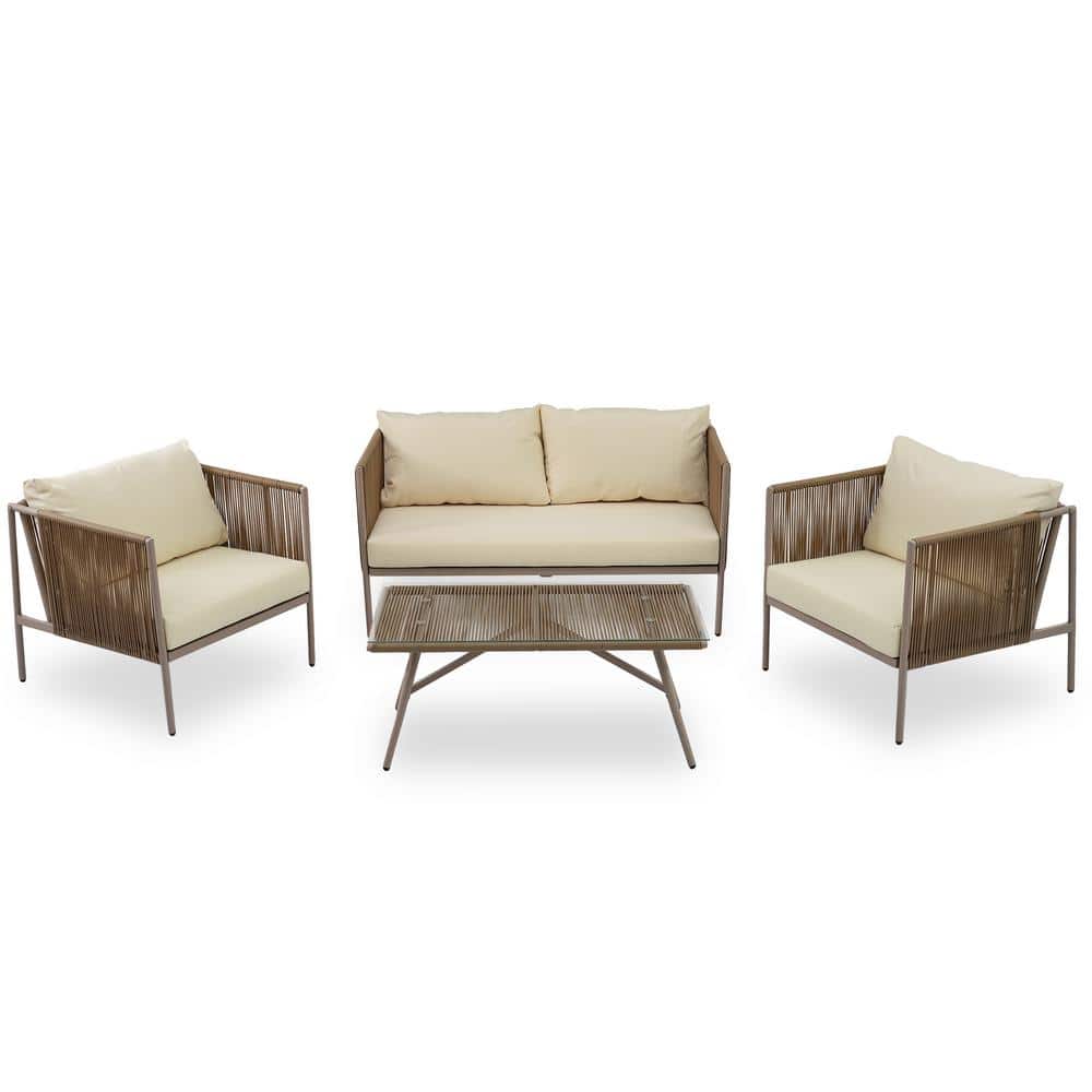 URTR 4-Piece Wicker and Metal Patio Conversation Set Outdoor Sectional Sofa Set with Loveseat, Armchair, Table, Beige Cushion