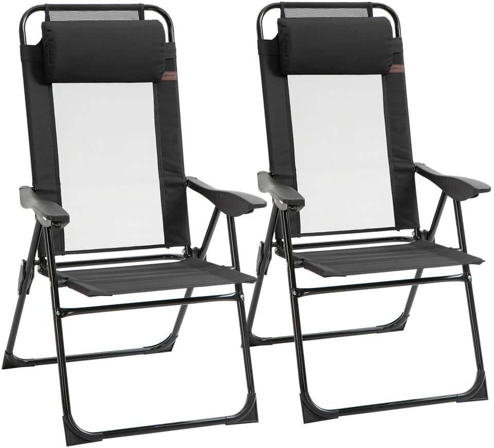 Outsunny Portable Folding Recliner Metal Patio Chaise Outdoor Lounge Chair with Adjustable Backrest in Black (2-Pack)