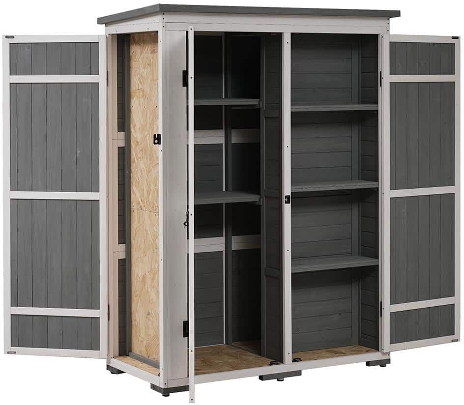 BTMWAY 4 ft. W x 2 ft. D Gray Outdoor Wood Storage Shed, Tool Cabinet with 4 Doors and Multiple-tier Shelves (8 sq. ft.)