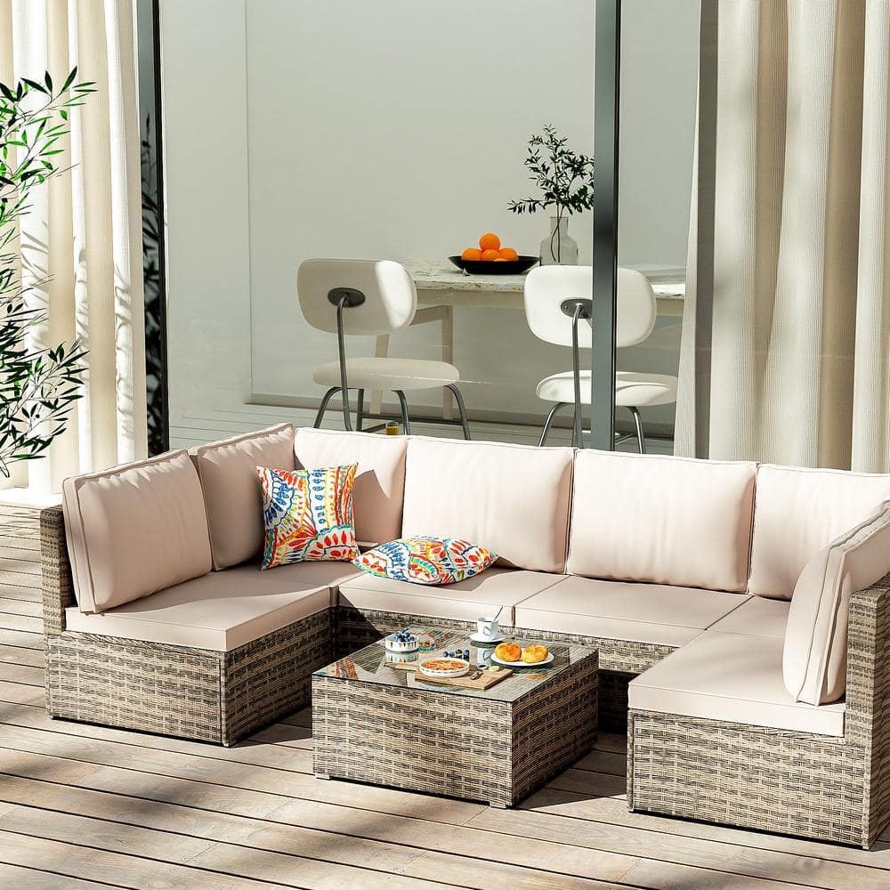 Zeus & Ruta 7 Pieces Wicker Outdoor Sectional Sofa Set Patio Conversation Set with Beige Cushions for Outdoor Living