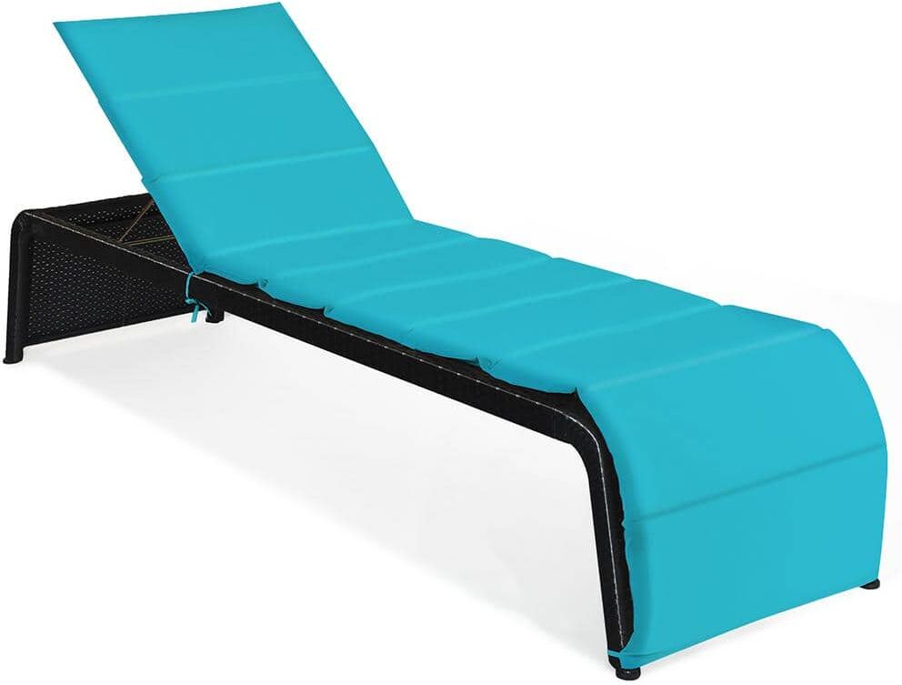 Costway Black Adjustable Height Rattan Wicker Outdoor Patio Recliner Chair Chaise Lounge with Turquoise Cushion