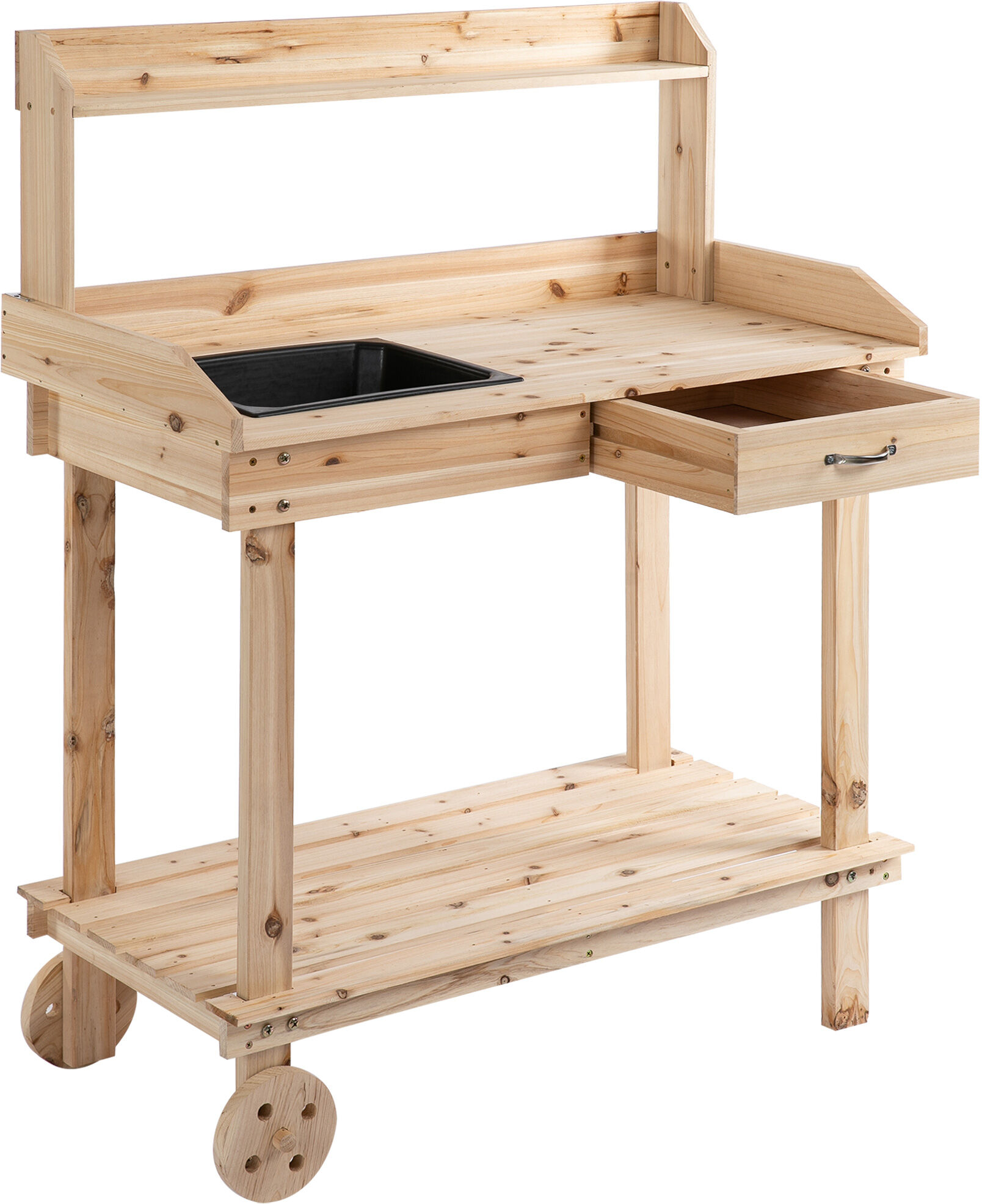 Outsunny Potting Bench Workstation with Wheels Sink Drawer Natural Wood Large Storage   Aosom.com