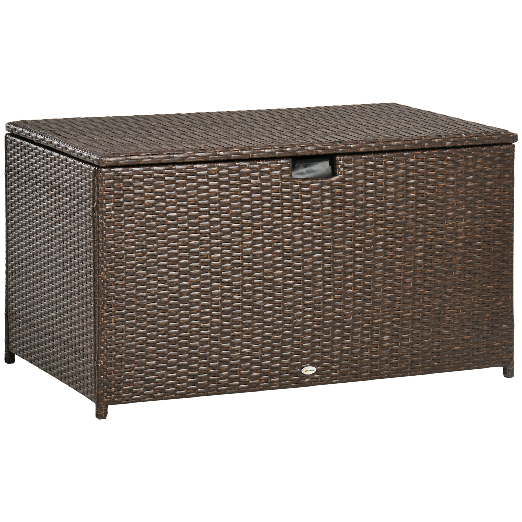 Outsunny Outdoor Deck Box, PE Rattan Wicker with Liner, Hydraulic Lift, and A Handle for Indoor, Outdoor, Patio, Pool, Toys, Garden Tools, Brown
