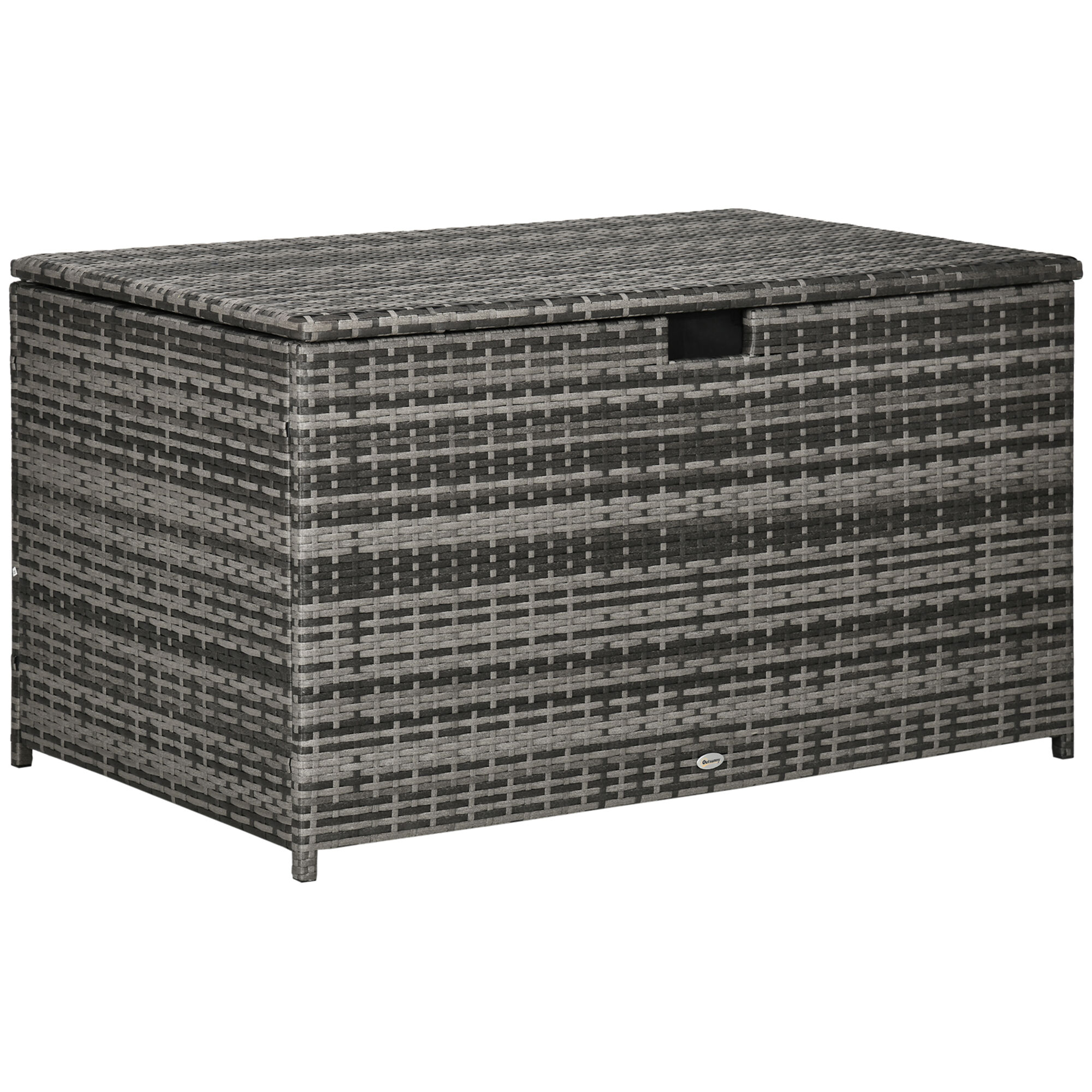 Outsunny Outdoor Deck Box, PE Rattan Wicker with Liner, Hydraulic Lift & Handle for Indoor, Outdoor, Patio Furniture, Pool, Toys, Garden Tools, Gray
