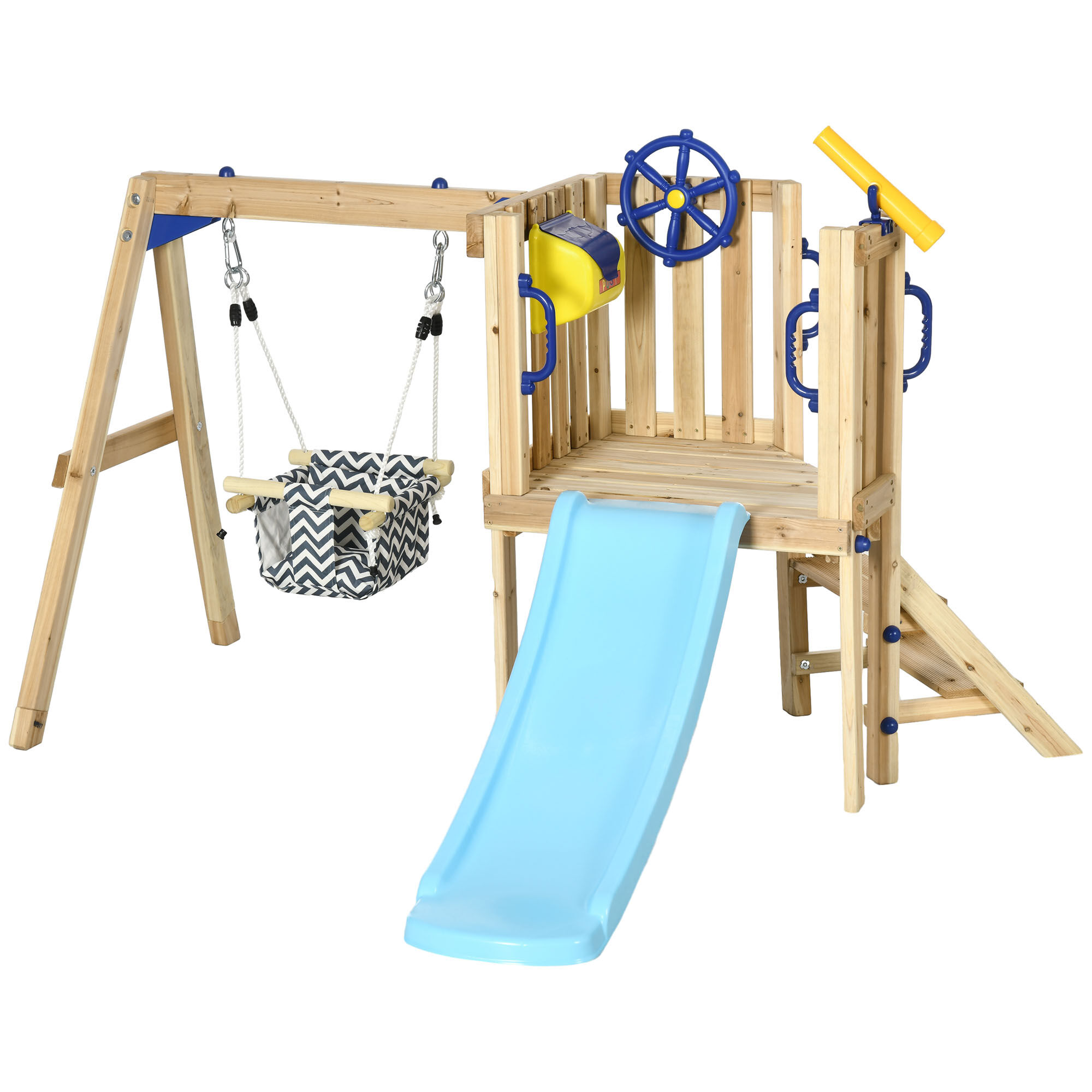 Outsunny 3 in 1 Wooden Swing Set with Slide, Swing Seat with Fort, Wheel, Telescope & Mailbox, 1.5-4 Years Old, Childrens Outdoor Toys, Natural