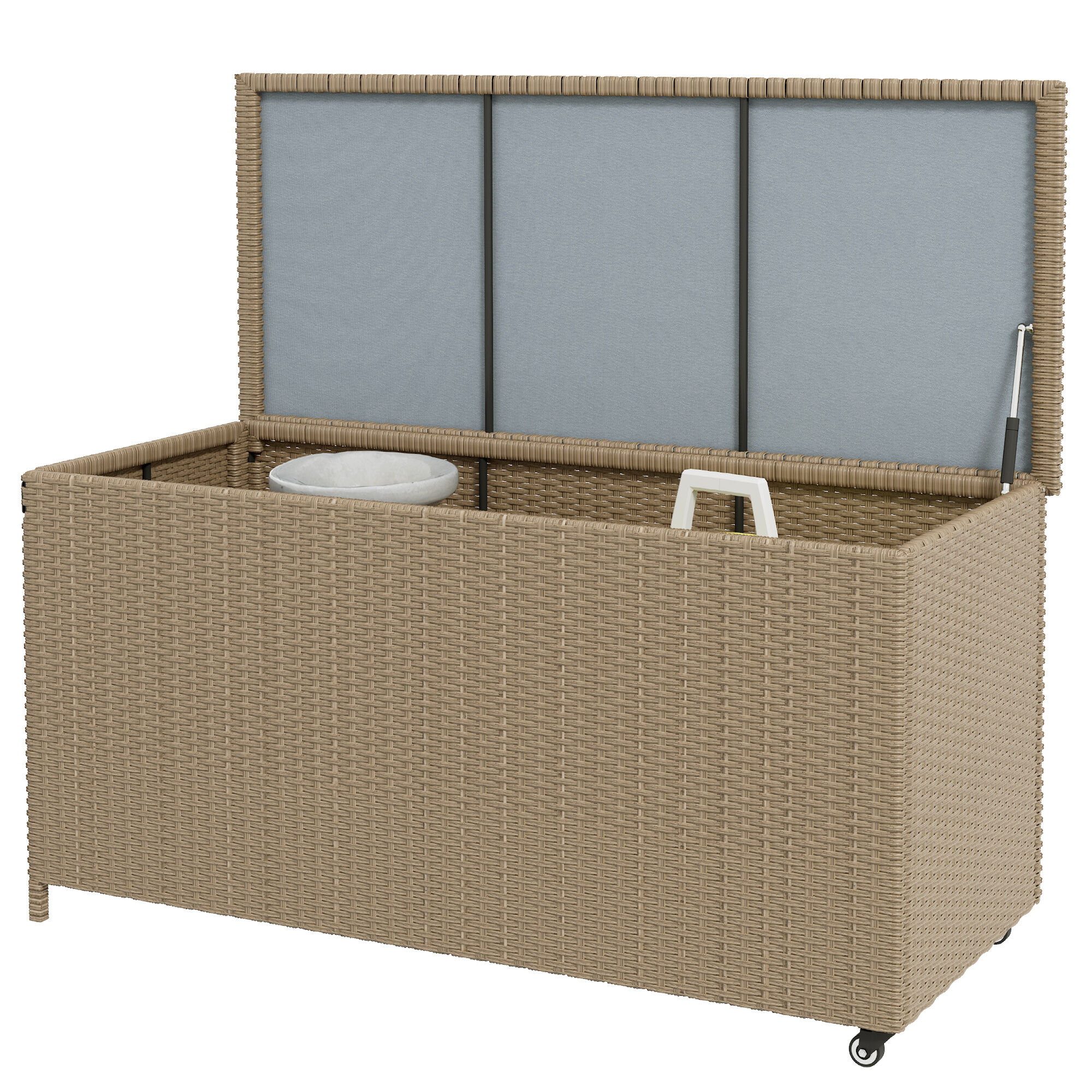 Outsunny 83 Gallon Rolling Deck Box Brown PE Wicker Outdoor Storage Chest Garden Tools Pool Toys Wheels   Aosom.com