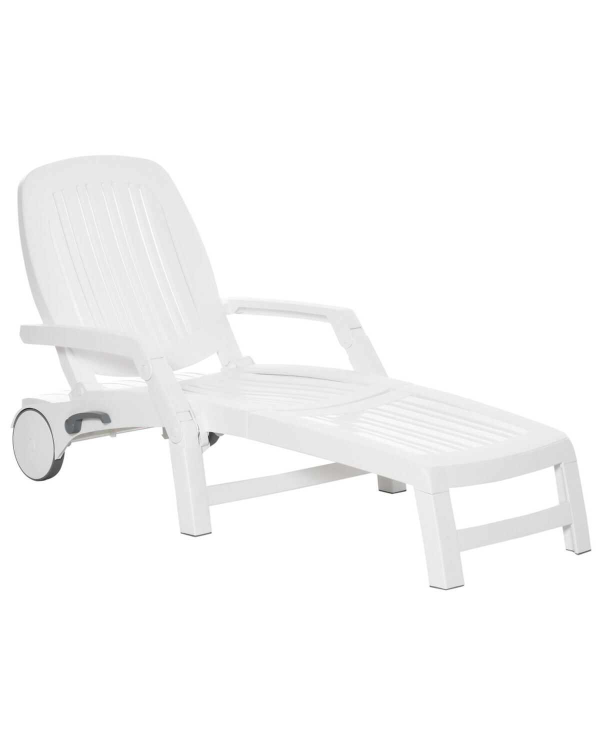 Outsunny Folding Chaise Lounge Chair on Wheels with Storage Box, Lightweight Plastic Sun Recliner with 5 Position Backrest for Beach & Pool, White - W