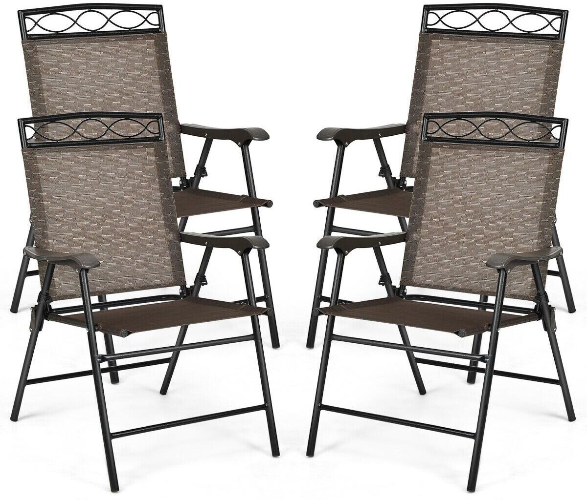 Costway Set of 4 Patio Folding Chairs Sling Portable Dining Chair Set - Brown