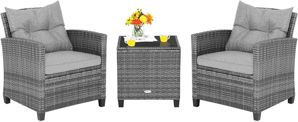 Costway 3PCS Patio Rattan Furniture Bistro Set Cushioned Sofas Side Table Armrest - Grey