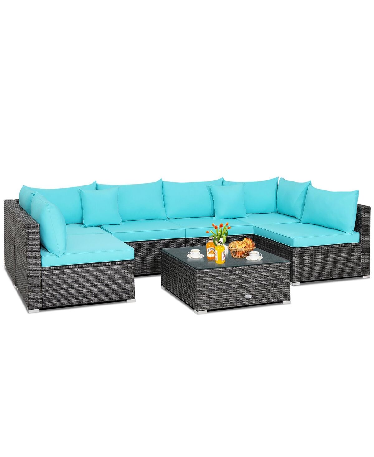 Costway 7PCS Patio Rattan Furniture Set Sectional Sofa Cushioned Garden - Turquoise
