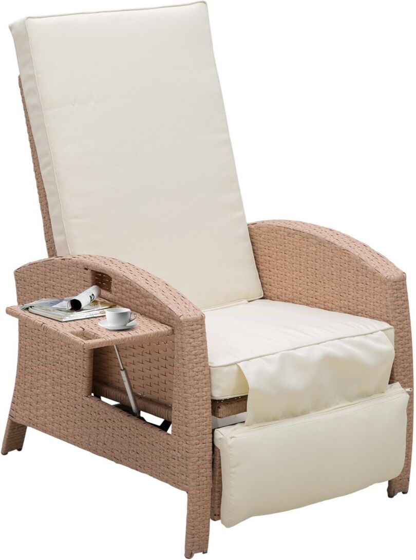 Outsunny Outdoor Wicker Recliner, Rattan Lounge Chair with Adjustable Back, Side Table, Removable Cushion for Patio Backyard Pool Porch, Beige - Beige