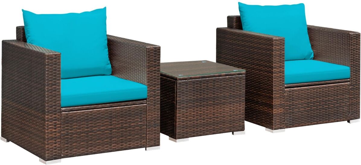 Costway 3PCS Patio Rattan Furniture Set Conversation Sofa Cushioned - Blue