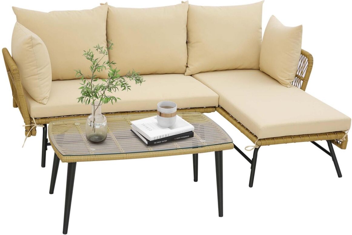 Costway 3 Pcs L-Shaped Patio Sofa Set Conversation Furniture with Cushions Deck Garden - Beige