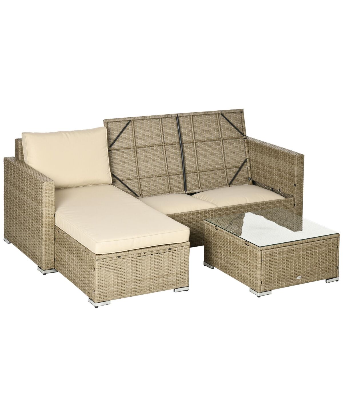 Outsunny 3 Piece Patio Wicker Furniture Set, Rattan Outdoor Sofa Set with Chaise Lounge & Loveseat, Soft Cushions, Storage, Tempered Glass Table, L-Sh