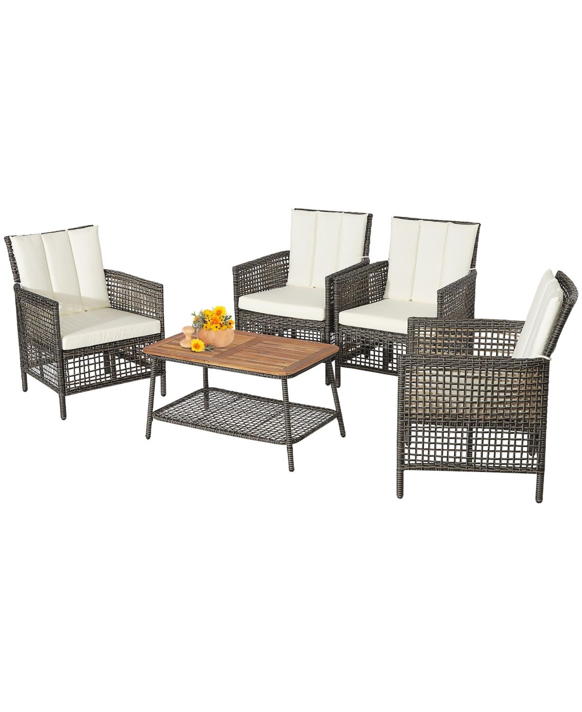 Costway 5PCS Patio Rattan Furniture Set Cushioned Sofa Armrest Wooden Tabletop - White