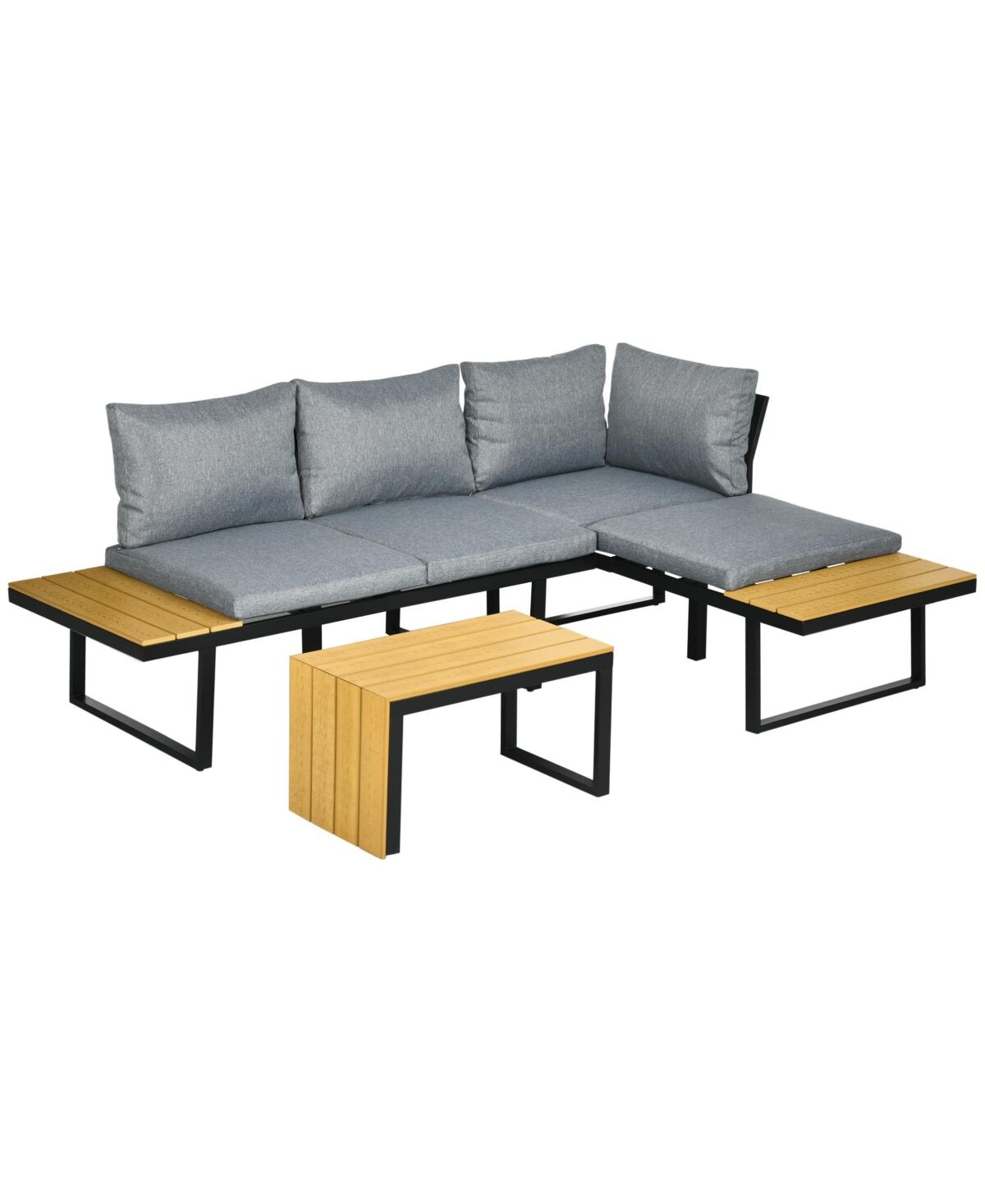 Outsunny 3 Piece Patio Furniture Set, Outdoor Sofa Set with Chaise Lounge & Loveseat, Soft Cushions, Woodgrain Plastic Table, L-Shaped Sectional Couch