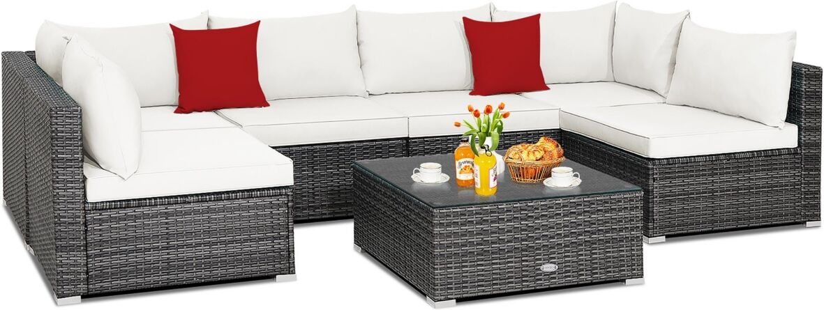 Costway 7PCS Patio Rattan Furniture Set Sectional Sofa Cushioned Garden - White