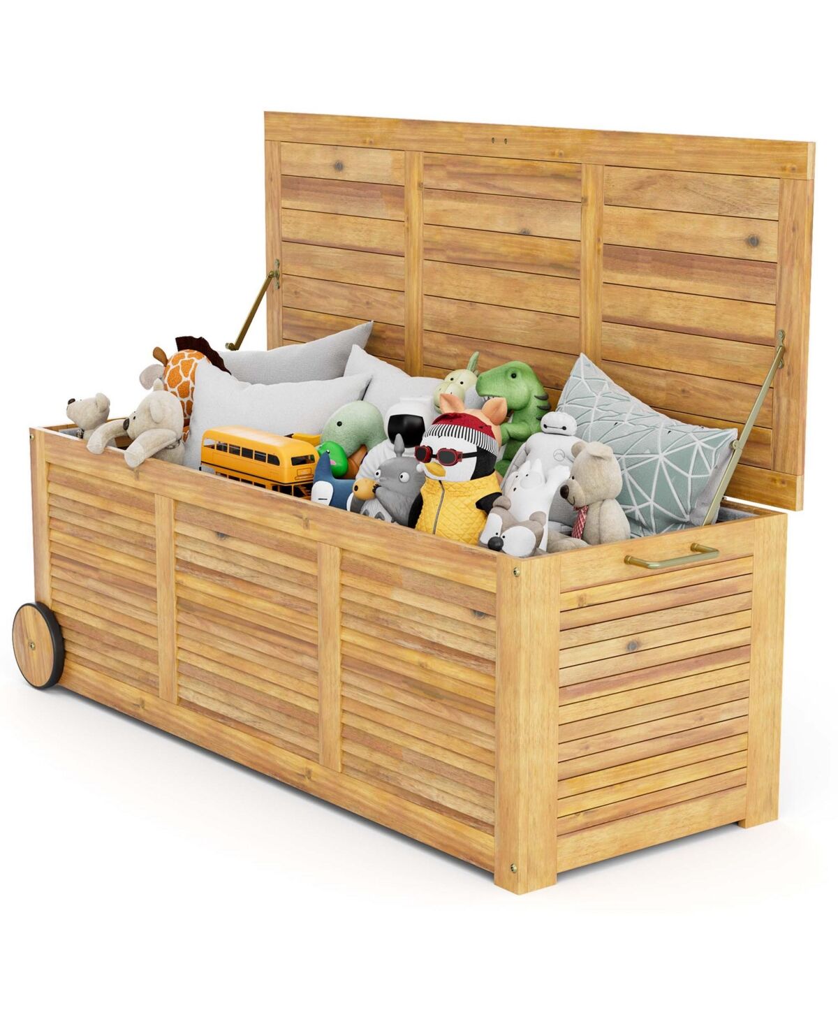 Costway 48 Gallon Acacia Wooden Patio Storage Deck Box Outdoor Storage Box with Wheels - Natural