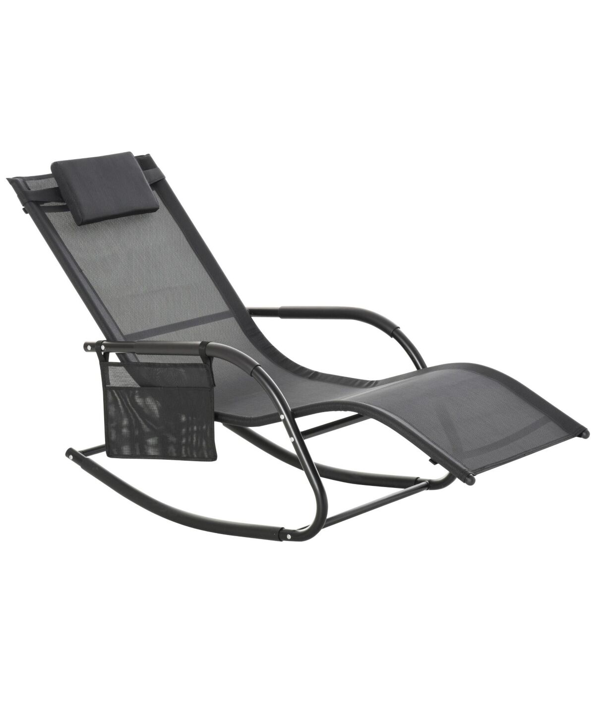 Outsunny Outdoor Rocking Chair, Patio Sling Sun Lounger, Pocket, Recliner Rocker, Lounge Chair with Detachable Pillow for Deck, Garden, or Pool, Black
