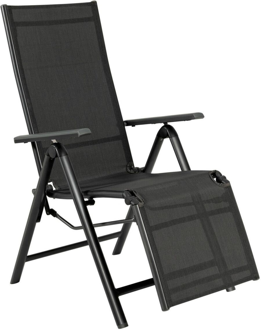 Sugift Outdoor Folding Lounge Chair with 7 Adjustable Backrest and Footrest Positions-Gray - Black