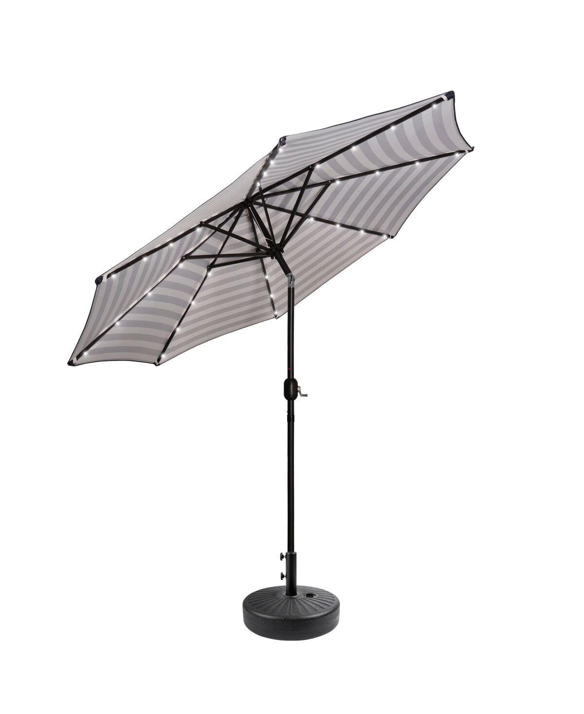 WestinTrends 9 ft. Patio Solar Power Led lights Market Umbrella with Black Round Base - Black White Stripe