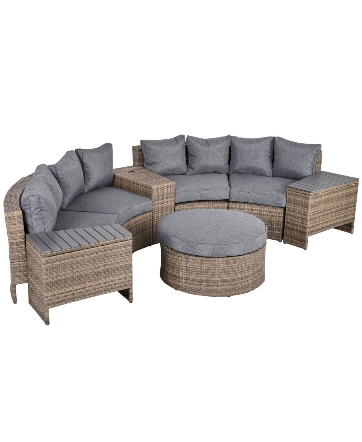 Outsunny 8 Piece Outdoor Rattan Sofa, Half Round Patio Furniture Set with Side Tables, Umbrella Hole, and Cushions, Grey - Grey