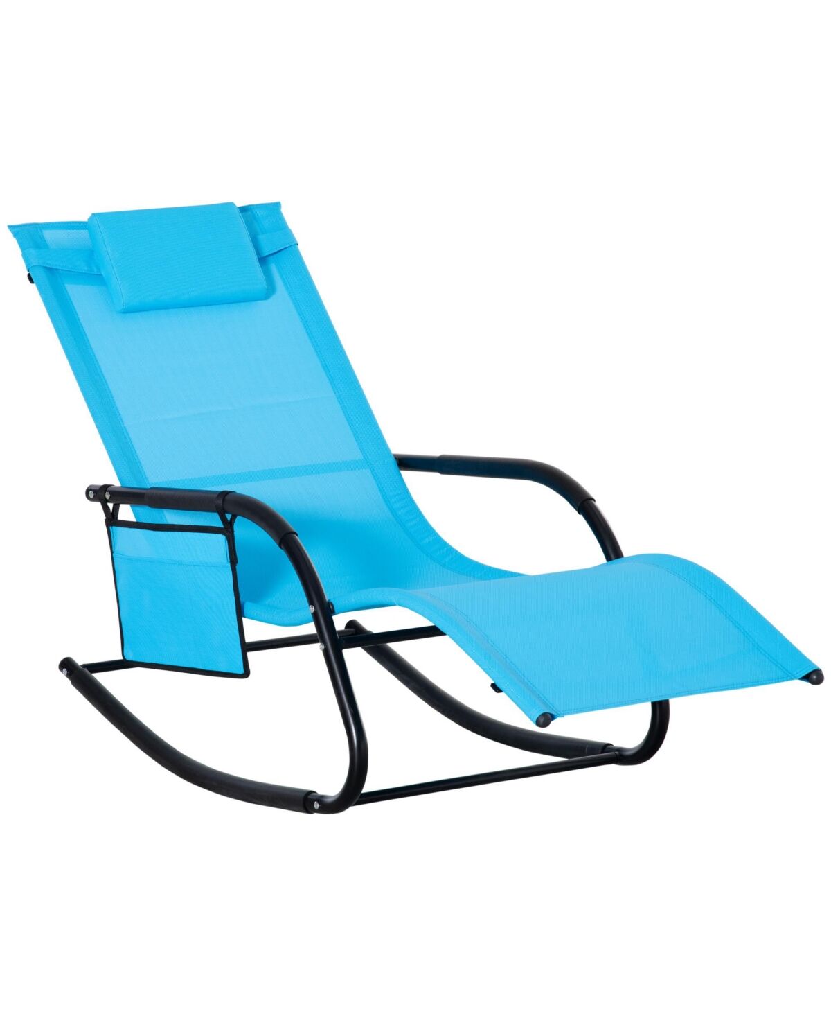 Outsunny Outdoor Rocking Chair, Patio Sling Sun Lounger, Pocket, Recliner Rocker, Lounge Chair with Detachable Pillow for Deck, Garden, or Pool, Blue