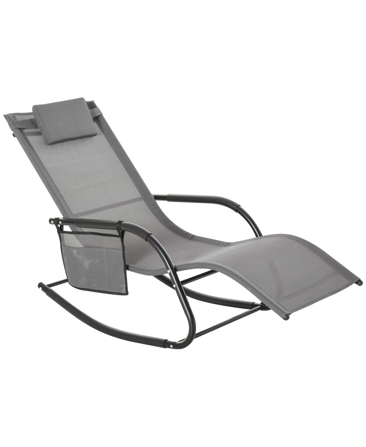 Outsunny Outdoor Rocking Chair, Patio Sling Sun Lounger, Pocket, Recliner Rocker, Lounge Chair with Detachable Pillow for Deck, Garden, or Pool, Grey