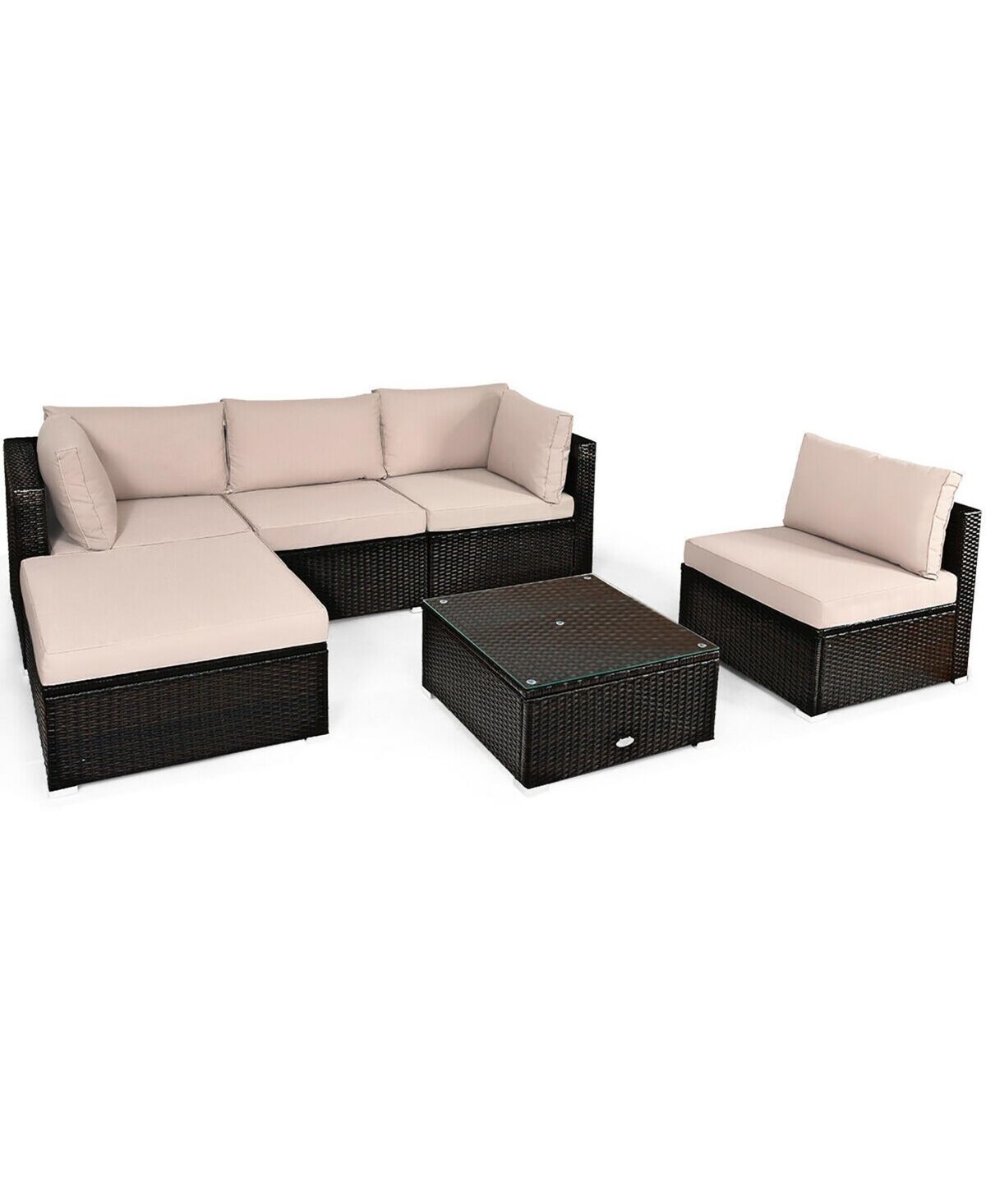 Costway 6PCS Outdoor Patio Rattan Furniture Set Cushioned Sectional Sofa - Beige Khaki