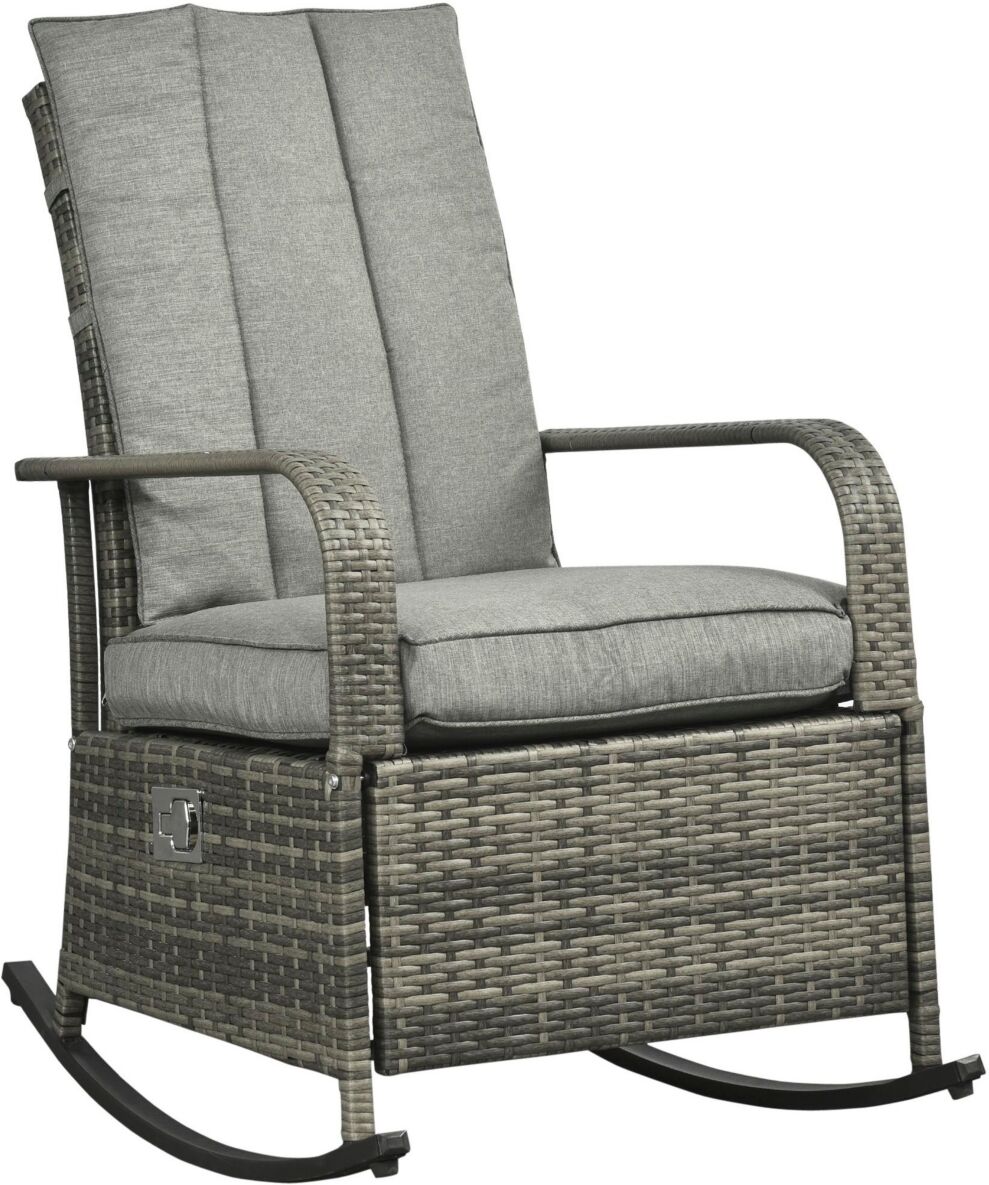 Outsunny Outdoor Rattan Wicker Rocking Chair Patio Recliner with Soft Cushion, Adjustable Footrest, Max. 135 Degree Backrest, Grey - Grey