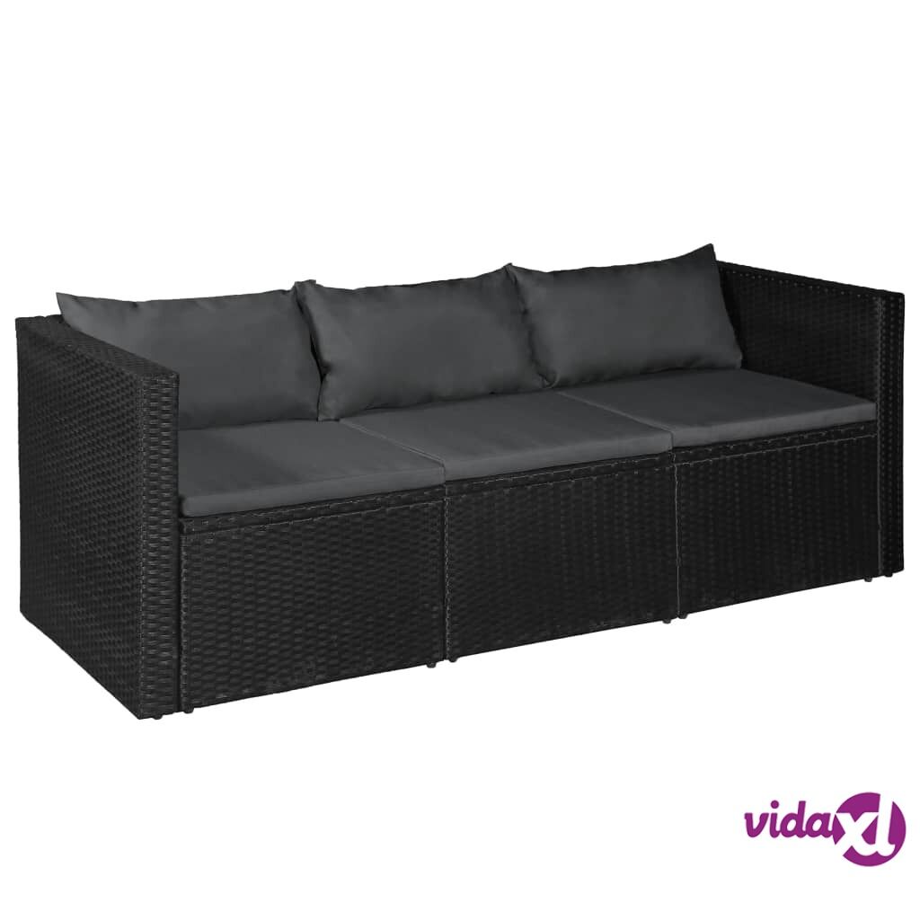 vidaXL 3 Seater Garden Sofa Black Poly Rattan with Grey Cushions