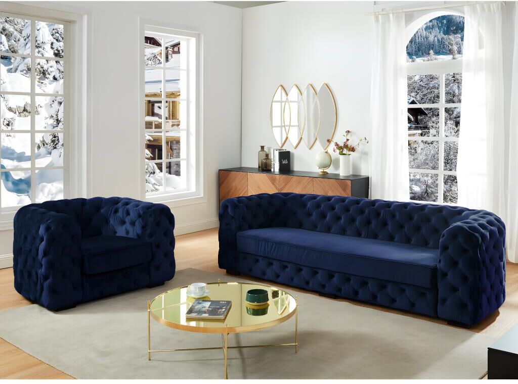 Vente-unique.be Canapé 3 places et fauteuil chesterfield STANLEY - Velours bleu nuit