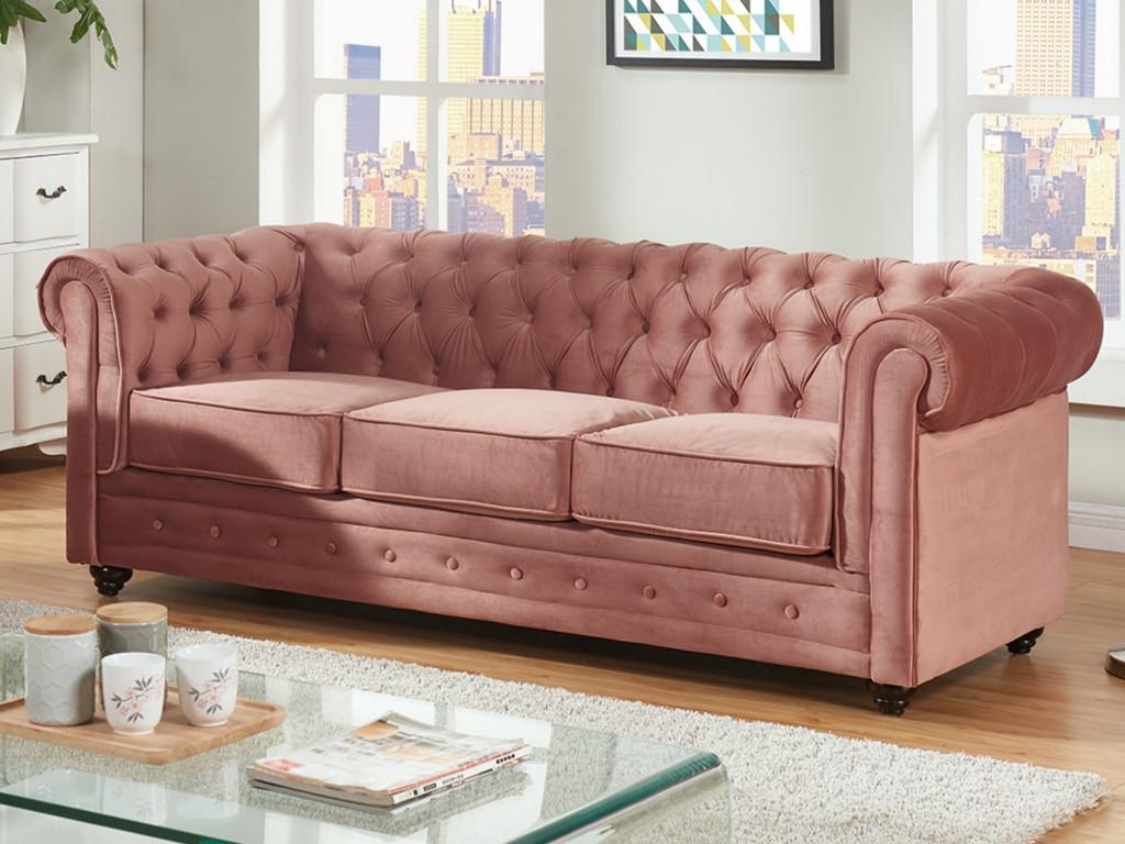 Vente-unique.be Canapé 3 places CHESTERFIELD - Velours rose pastel