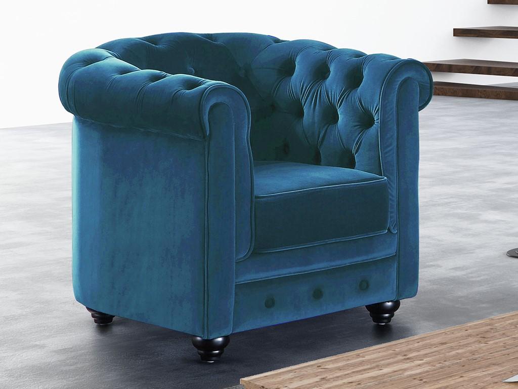 Vente-unique.be Fauteuil CHESTERFIELD - Velours bleu canard