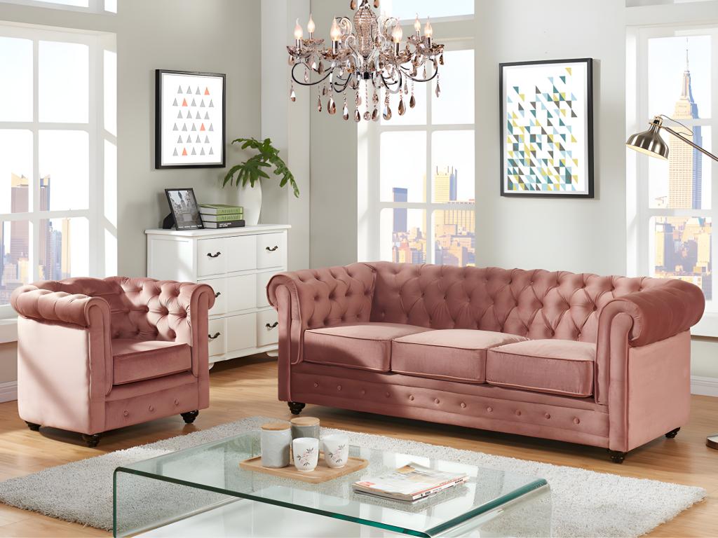 Vente-unique.be Canapé 3 places et fauteuil CHESTERFIELD - Velours rose pastel