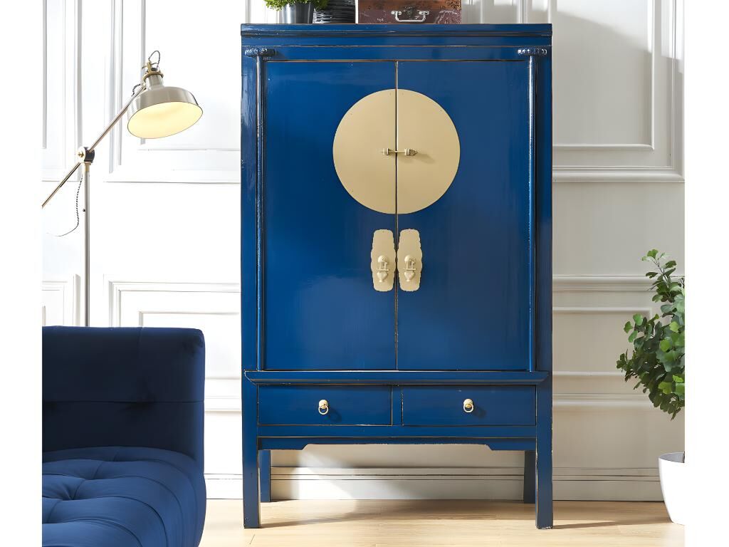 Vente-unique.be Armoire NANTONG - 2 portes & 2 tiroirs - L.105 cm - Bois de Sapin - Bleu nuit
