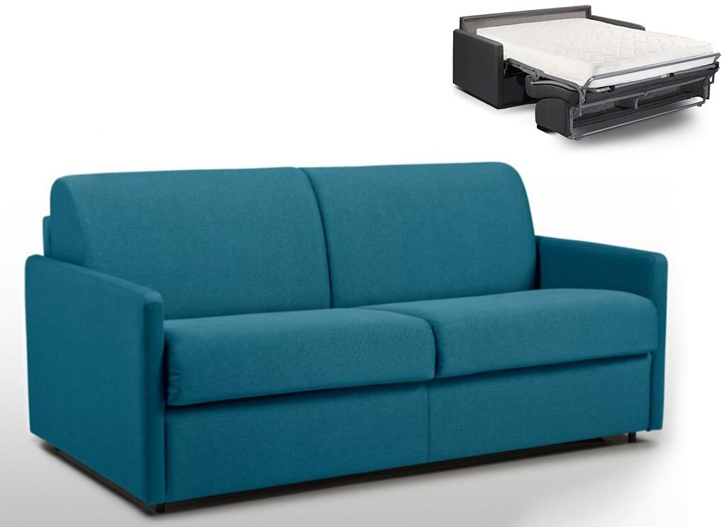 Vente-unique.be Canapé 3 places convertible express en tissu CALIFE - Turquoise - Couchage 140 cm - Matelas 18 cm