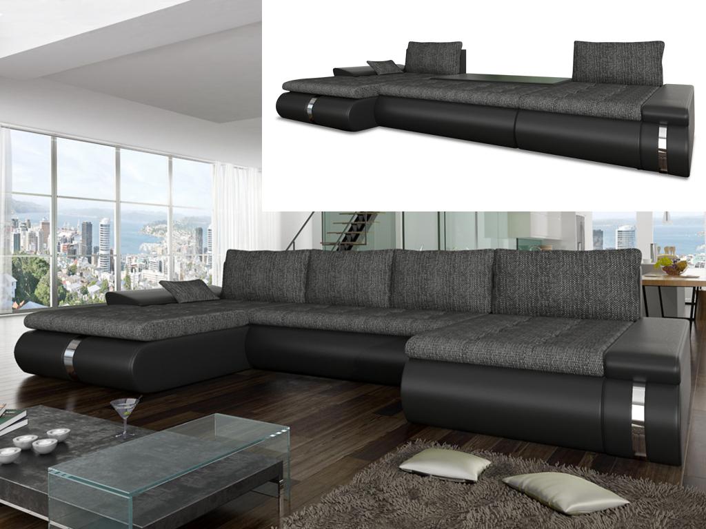 Vente-unique.be Canapé d'angle panoramique convertible et réversible en tissu et simili AZELMA - Noir et anthracite