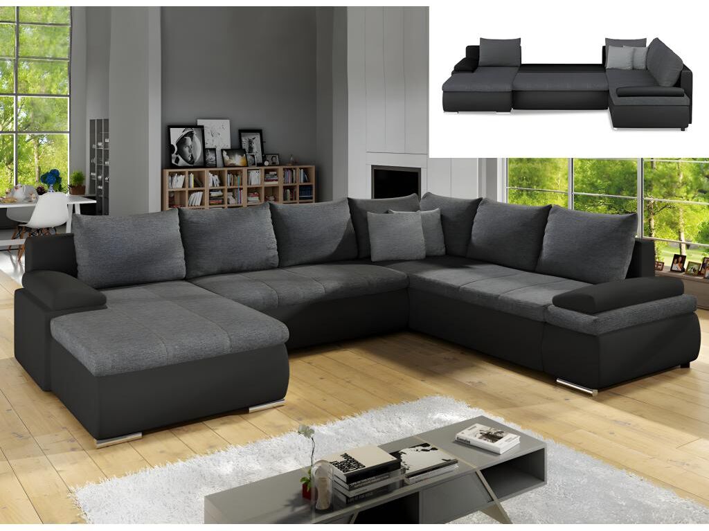 Vente-unique.be Canapé d'angle panoramique convertible et réversible en simili et tissu DAKOTA - Bicolore noir et gris