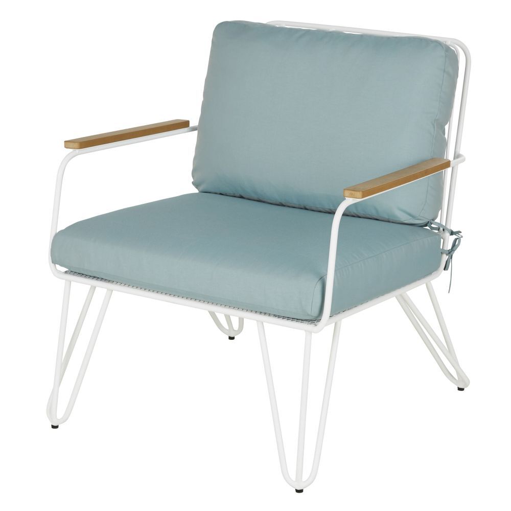 Maisons du Monde Fauteuil de jardin en acier blanc et coussins bleu ciel