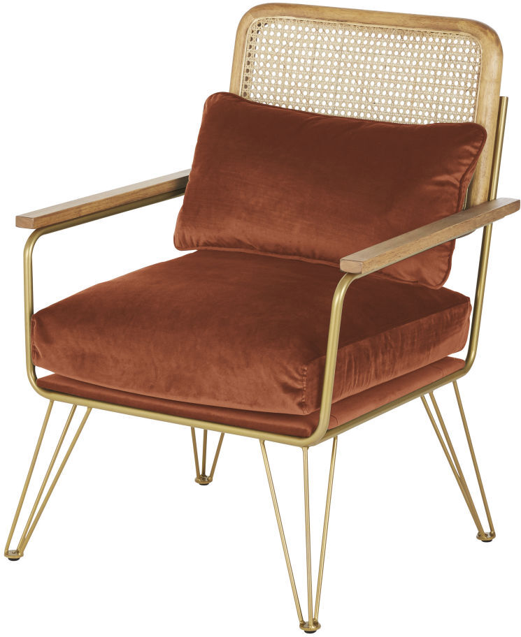 Maisons du Monde Fauteuil en velours orange écureuil cannage en rotin