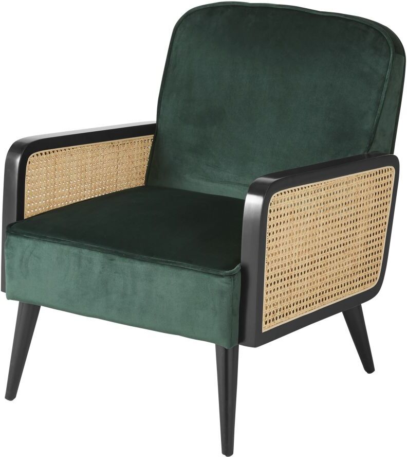 Maisons du Monde Fauteuil en velours vert cannage en rotin