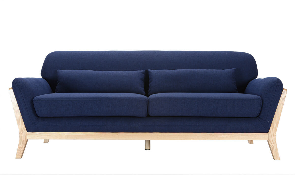 Miliboo Canapé scandinave 3 places bleu foncé et bois YOKO