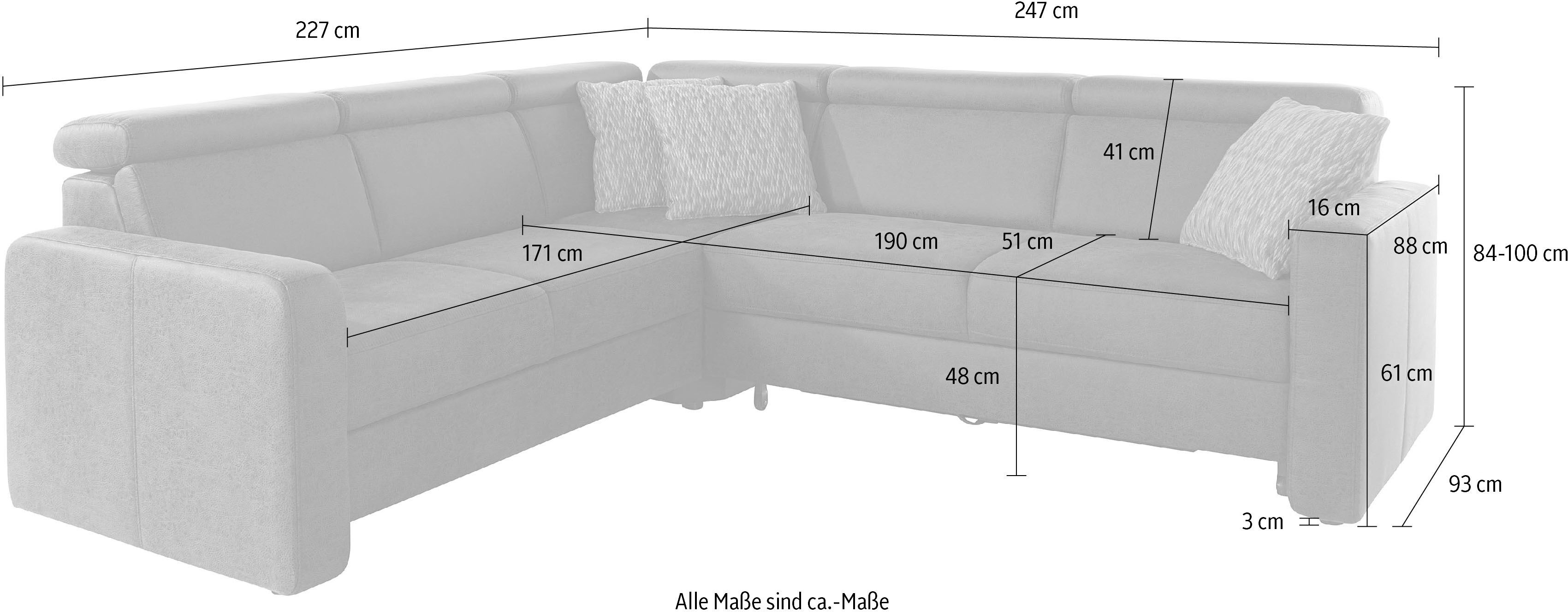 sit&more Ecksofa »Bologna«, inklusive Kopfteilverstellung und Federkern,... grau