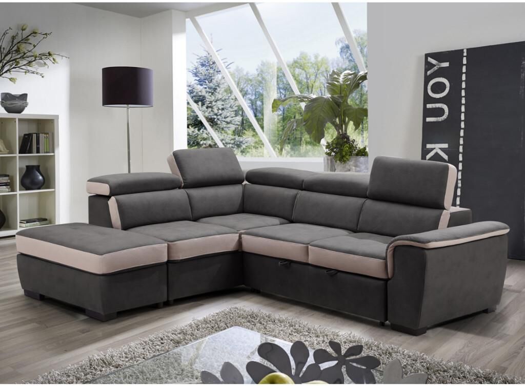 Vente-unique.ch Ecksofa mit Schlaffunktion & Sitzhocker DAYO - Anthrazit & Beige - Ecke Links