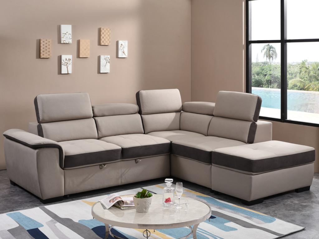 Vente-unique.ch Ecksofa mit Schlaffunktion & Sitzhocker DAYO - Beige & Grau - Ecke Rechts