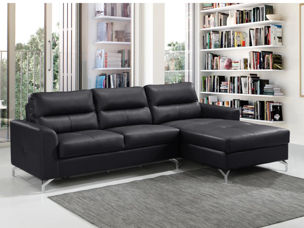 Vente-unique.ch Ecksofa Leder GWENOLE - Büffelleder - Schwarz - Ecke Rechts